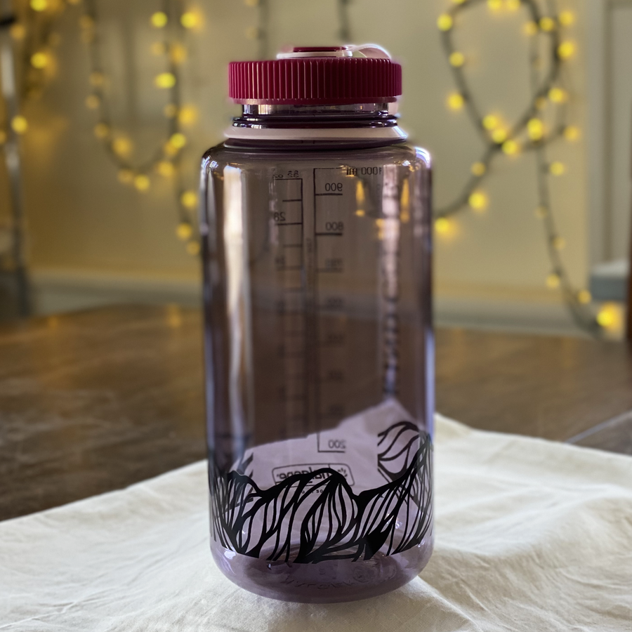 A single Nalgene, in purple/pink color with mountain design along bottom. 