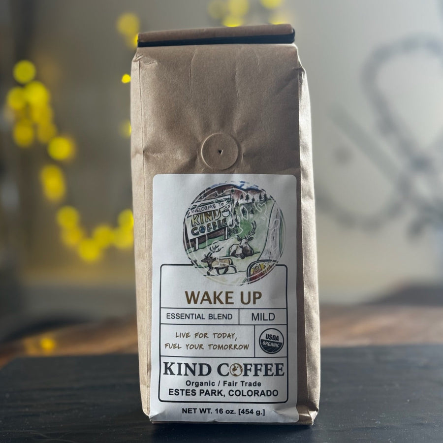 brown bag of coffee with label titled "Wake Up" 