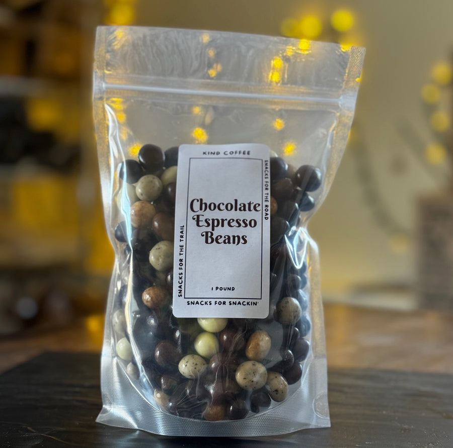 A standing clear bag full of chocolate covered espresso beans 