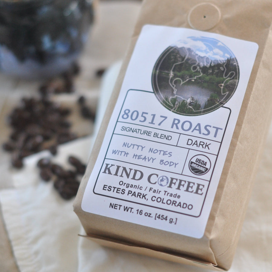 Bag of dark roast coffee - nutty notes with heavy body. Organic, fair trade.