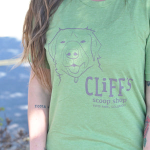 Green T-Shirt, "Cliff's Scoop Shop", Clifford the dog's face in the center