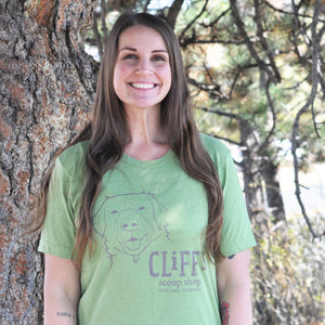 Green T-Shirt, "Cliff's Scoop Shop", Clifford the dog's face in the center