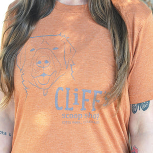 Orange T-Shirt, "Cliff's Scoop Shop", Clifford the dog's face in the center
