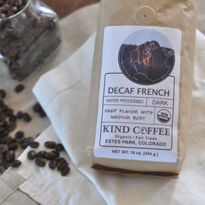 Bag of decaf, dark roast coffee. Deep flavor with medium body. Organic, fair trade. 