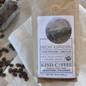 Bag of decaf, medium roast espresso blend. Deep, rich flavor and strong aroma. Organic, fair trade. 