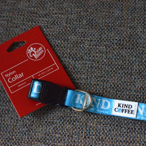 Blue Nylon dog collar with Kind Coffee logo