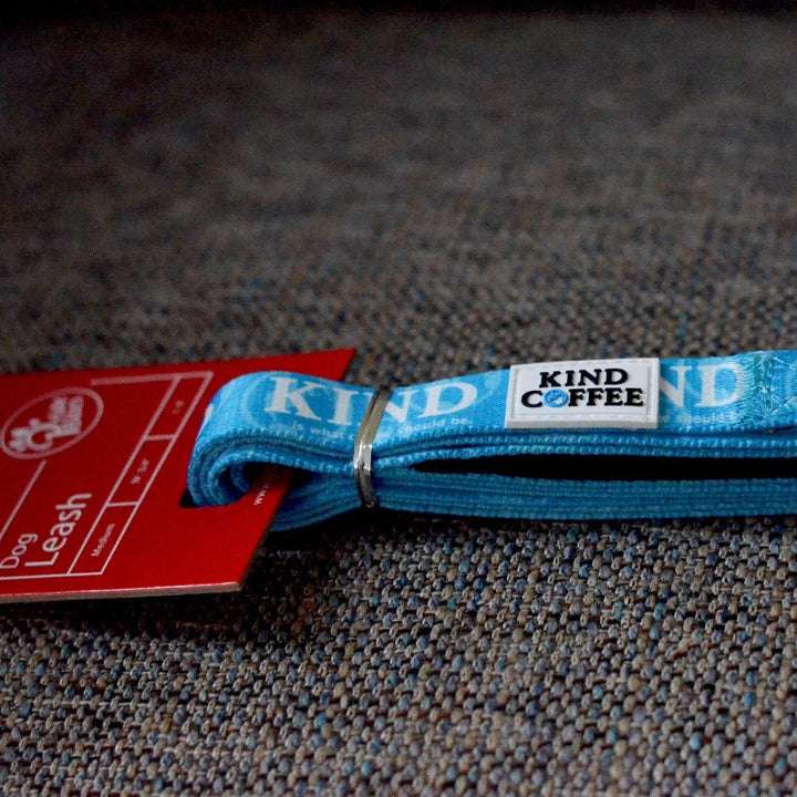 Blue Nylon 6 foot dog leash with Kind Coffee logo