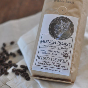 Bag of single origin dark roast coffee - deep, rich peru medium body. Organic, fair trade. 