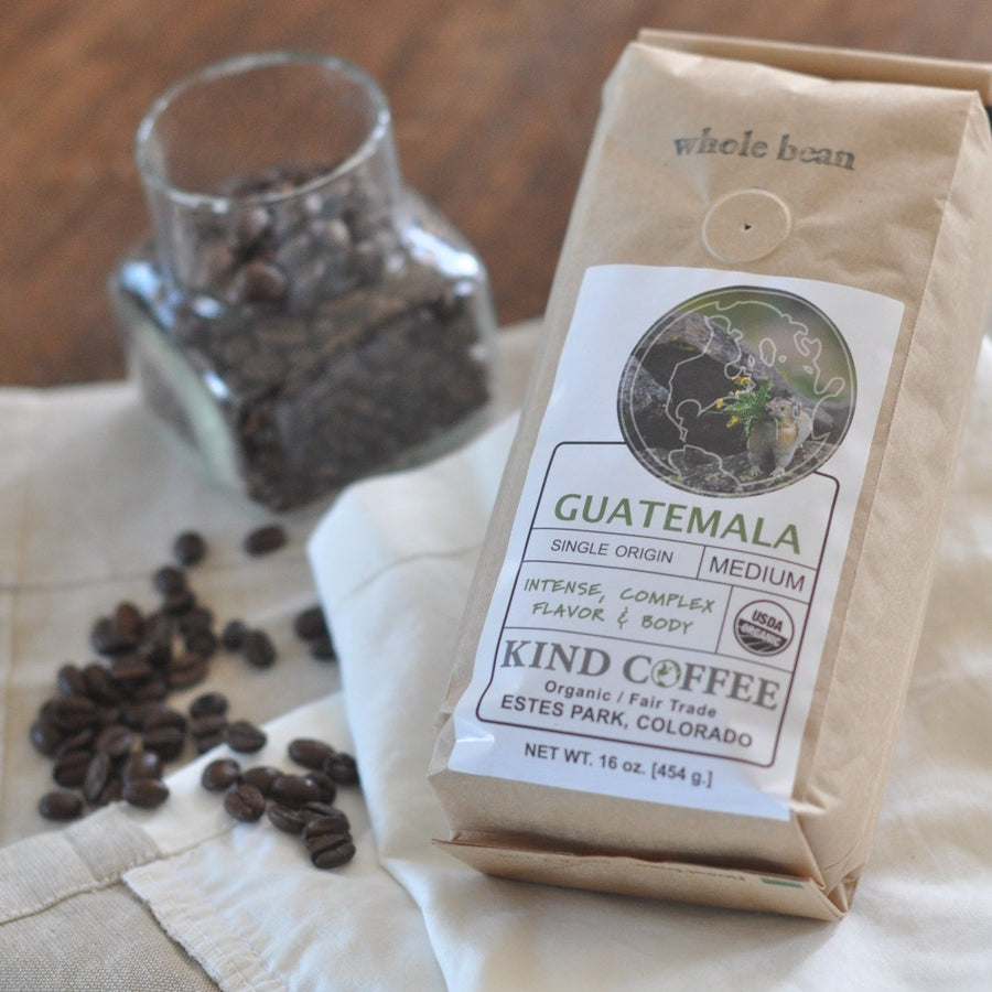 Bag of single origin Guatemala medium roast coffee - intense, complex flavor & body. Organic, fair trade. 