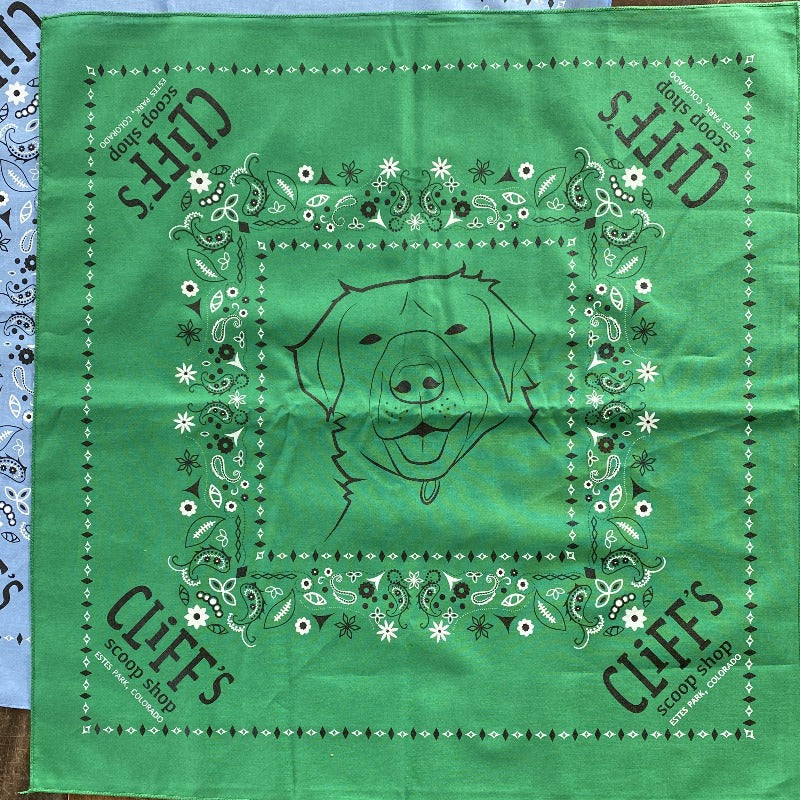 Green bandana, "Cliff's Scoop Shop", Clifford the dog's face in the center