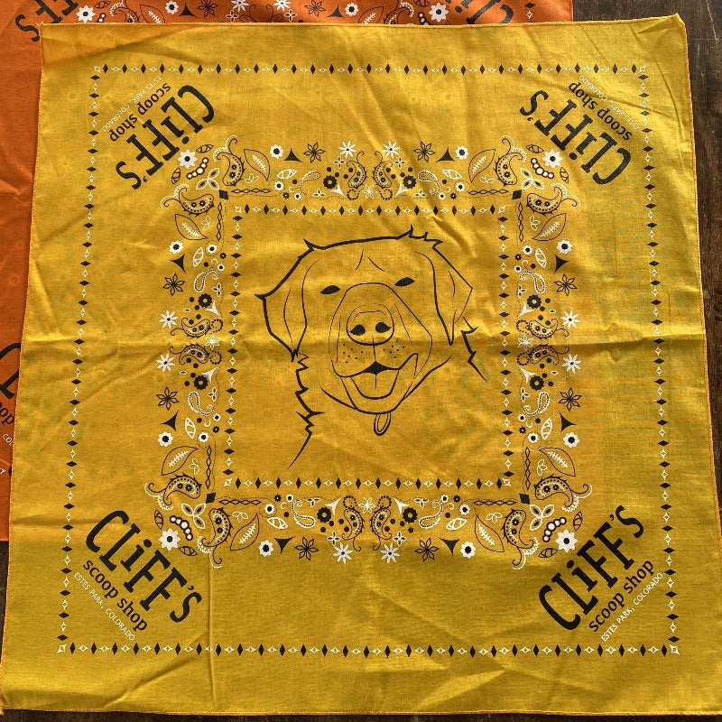 Yellow bandana, "Cliff's Scoop Shop", Clifford the dog's face in the center