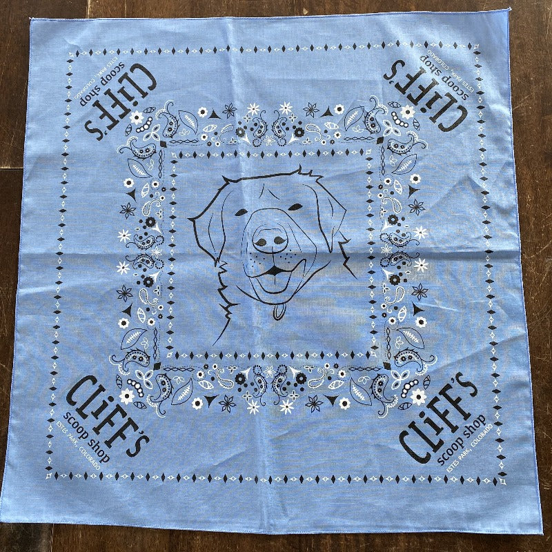 Blue bandana, "Cliff's Scoop Shop", Clifford the dog's face in the center