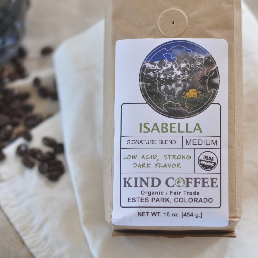 Bag of medium roast coffee - low acid, strong dark flavor. Organic, fair trade. 