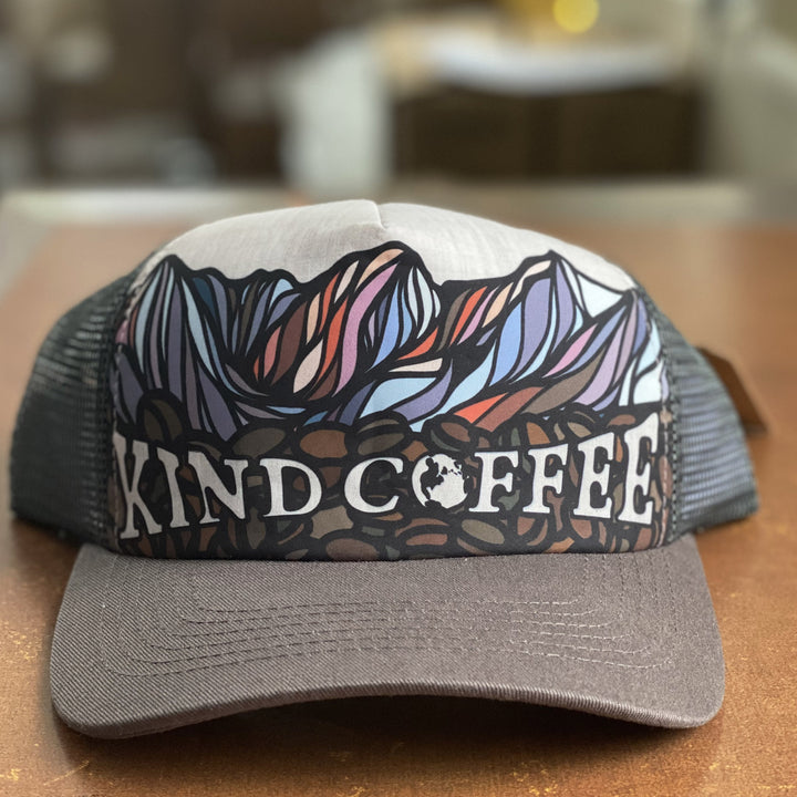 Kind Coffee Mountain design on a trucker hat
