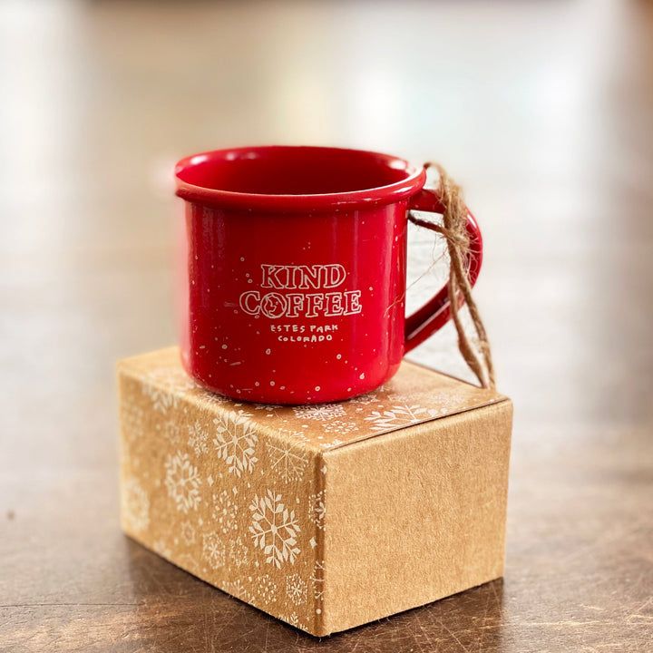 Miniature mug ornament (red) with Kind Coffee logo