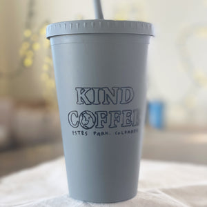 grey reusable kind coffee cup with straw