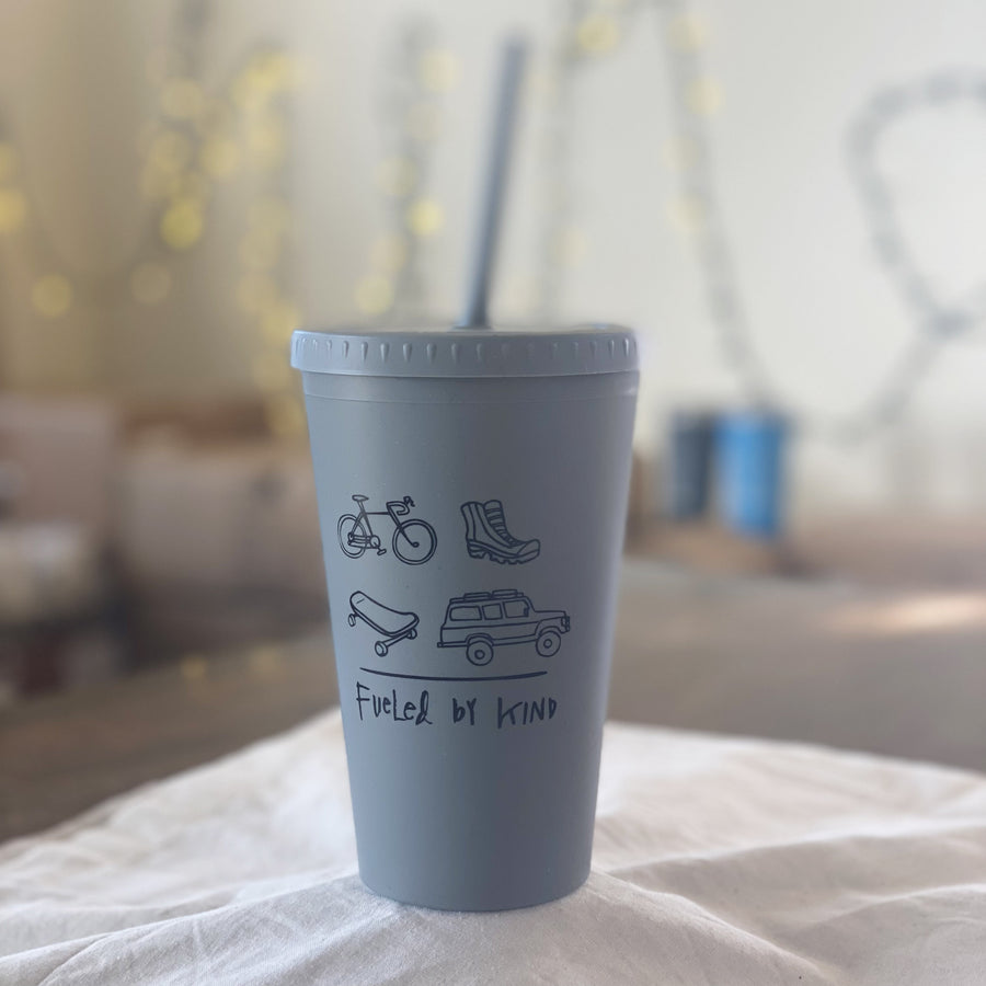 grey reusable kind coffee cup with straw 