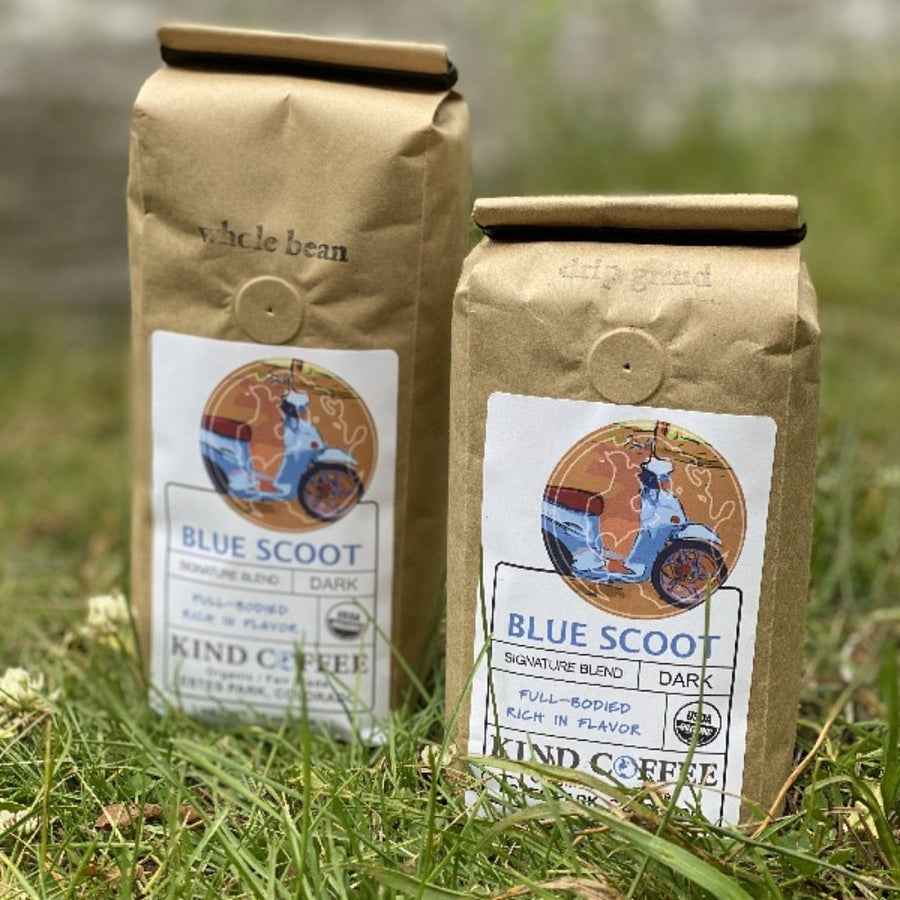 Two Blue Scoot 1 lb bags of coffee, one whole bean and one drip grind, sitting in the grass.