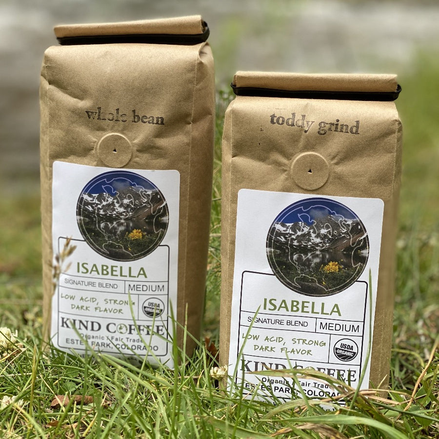 Bag of medium roast coffee - low acid, strong dark flavor. Organic, fair trade. 