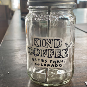 kind coffee sticker on a small mason jar 