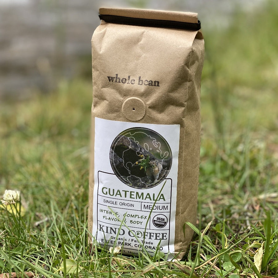 Bag of single origin Guatemala medium roast coffee - intense, complex flavor & body. Organic, fair trade. 